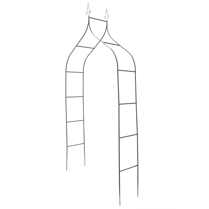 Pusta metalowa pergola ogrodowa o strzelistym kształcie, wykonana z malowanych proszkowo rurek, widoczna na białym tle.