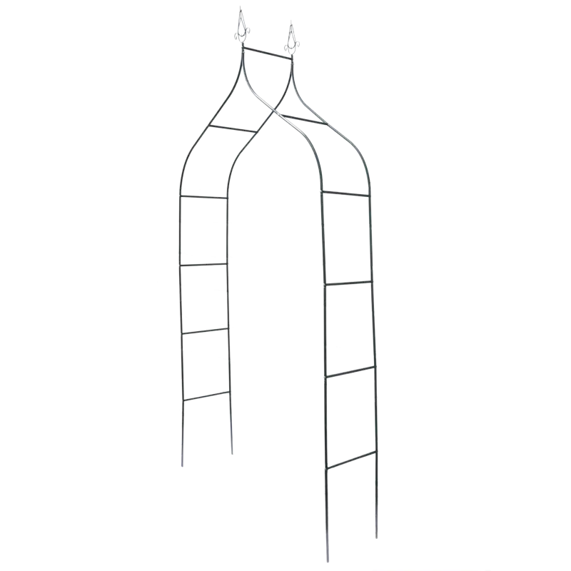 Pusta metalowa pergola ogrodowa o strzelistym kształcie, wykonana z malowanych proszkowo rurek, widoczna na białym tle.