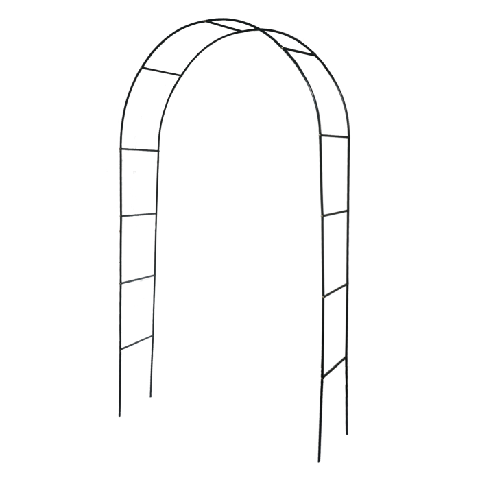 Pusta metalowa pergola ogrodowa w formie łuku, przeznaczona do samodzielnego montażu, ułatwiająca wzrost roślin pnących.