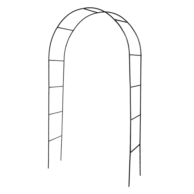 Pusta metalowa pergola ogrodowa w formie łuku, przeznaczona do samodzielnego montażu, ułatwiająca wzrost roślin pnących.
