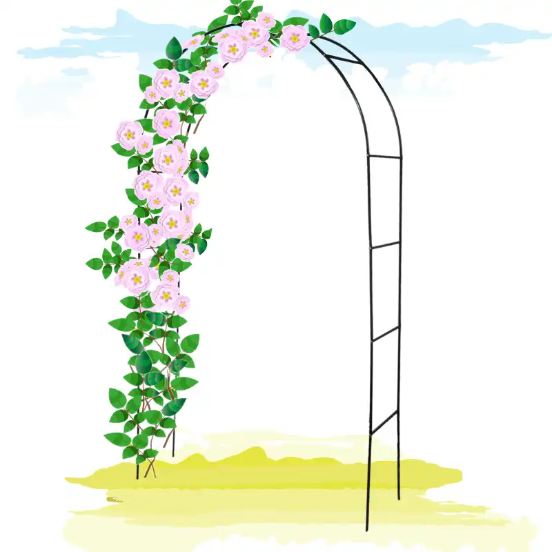Pergola ogrodowa w kształcie łuku o wysokości 240 cm, z malowanego proszkowo metalu, prezentująca pnące się róże kwiaty.
