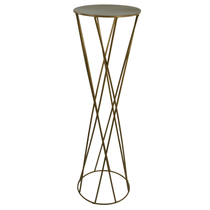 Metalowy stojak kwietnik w kształcie klepsydry o wysokości 73 cm. Nowoczesna dekoracja typu loft z okrągłą półką na doniczkę, malowana proszkowo.