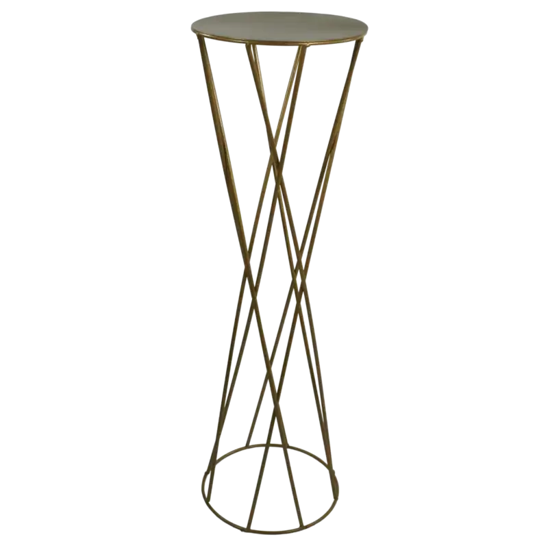 Metalowy stojak kwietnik w kształcie klepsydry o wysokości 73 cm. Nowoczesna dekoracja typu loft z okrągłą półką na doniczkę, malowana proszkowo.