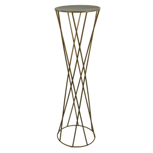 Zbliżenie na ażurową ramę stojaka kwietnika o wysokości 73 cm. Metalowa konstrukcja w formie klepsydry stanowi stabilną podstawę dla dekoracji.