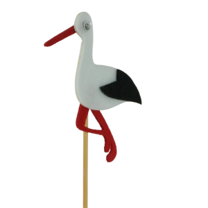 Filcowy bocian na piku o całkowitej wysokości 36 cm. Dekoracja na drewnianym patyczku z ruchomym okiem, idealna do roślin doniczkowych i wiosennych stroików kwiatowych.