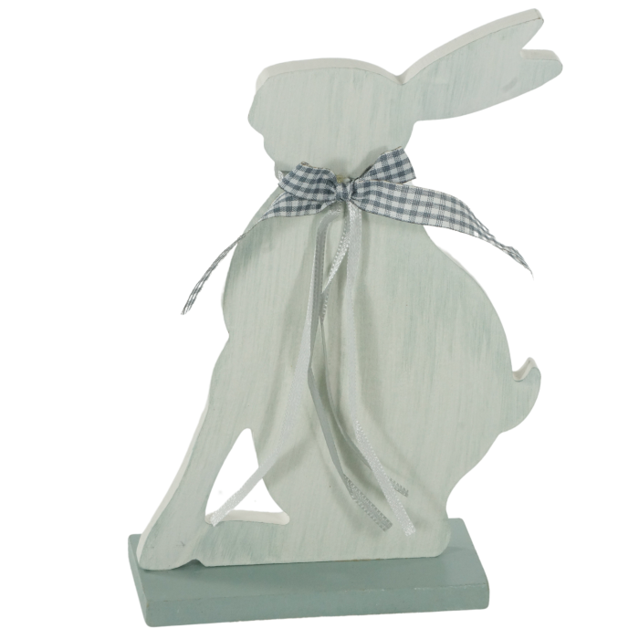Drewniany zajączek 19 cm w minimalistycznym stylu, prezentowany z profilu. Figurka na podstawie, ozdobiona kokardką w kratkę i tasiemkami, utrzymana w stonowanych barwach.