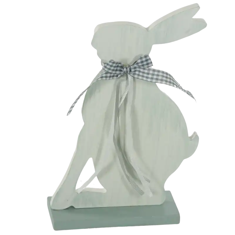 Drewniany zajączek 19 cm w minimalistycznym stylu, prezentowany z profilu. Figurka na podstawie, ozdobiona kokardką w kratkę i tasiemkami, utrzymana w stonowanych barwach.