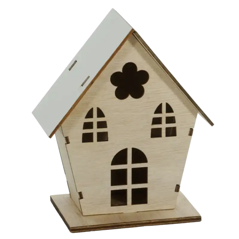 Drewniany domek 14 cm w naturalnym kolorze z białym dachem. Figurka ozdobna z ażurowymi oknami do stroików i kompozycji.