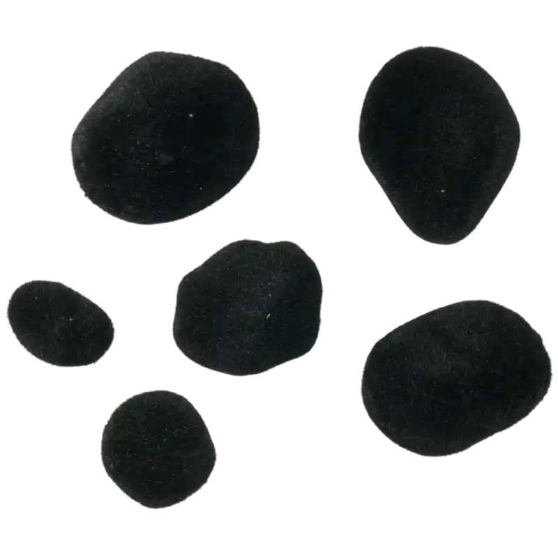 Komplet 6 kamieni dekoracyjnych w kolorze czarnym, pokrytych sztucznym mchem. Wymiary od 4x4 cm do 10x7 cm. Doskonałe do aranżacji roślin i stroików.