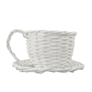 Biała wiklinowa osłonka filiżanka 27 cm to elegancki dodatek do wnętrz. Prezentuje się w formie dekoracyjnego naczynia z uchem, idealnego jako osłona na doniczkę.