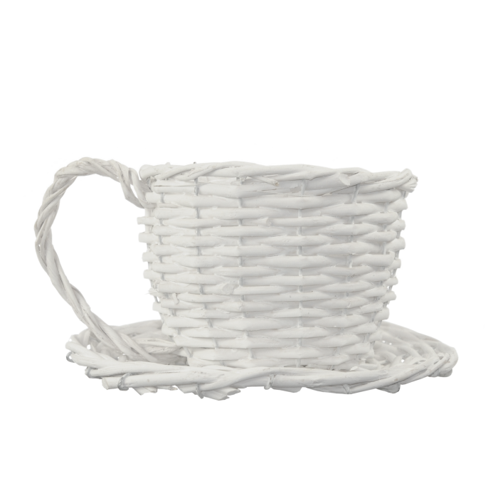 Biała wiklinowa osłonka filiżanka 27 cm to elegancki dodatek do wnętrz. Prezentuje się w formie dekoracyjnego naczynia z uchem, idealnego jako osłona na doniczkę.
