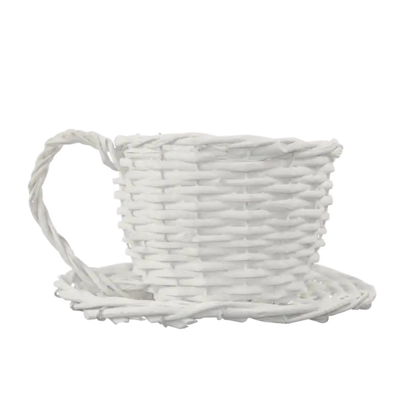 Biała wiklinowa osłonka filiżanka 27 cm to elegancki dodatek do wnętrz. Prezentuje się w formie dekoracyjnego naczynia z uchem, idealnego jako osłona na doniczkę.
