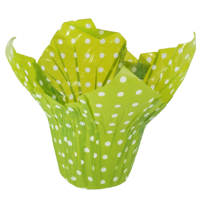 Zielona foliowa osłonka na doniczkę w białe kropki. Ozdobna oprawa o wysokości 23 cm i szerokości 27 cm, idealna jako prezent.