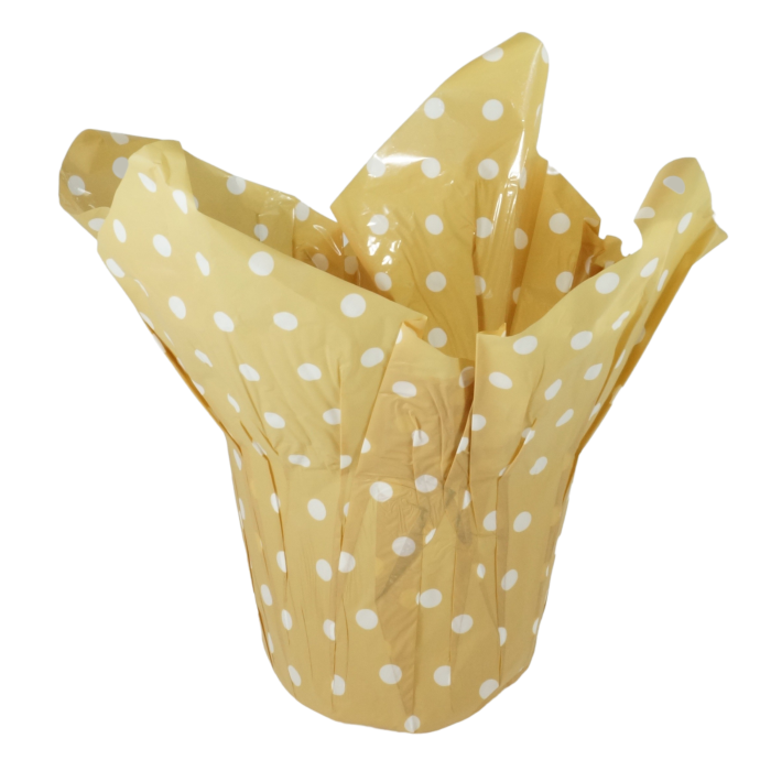 Foliowa osłonka na doniczkę w kolorze kawowym w białe kropki. Produkt o wysokości 23 cm i szerokości 27 cm, idealny jako ozdobna oprawa kwiatów doniczkowych na prezent.