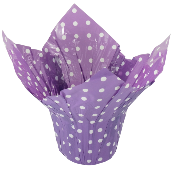 Fioletowa foliowa osłonka na doniczkę w kropki, o wysokości 23 cm i szerokości 27 cm, idealna do dekoracji prezentowych.