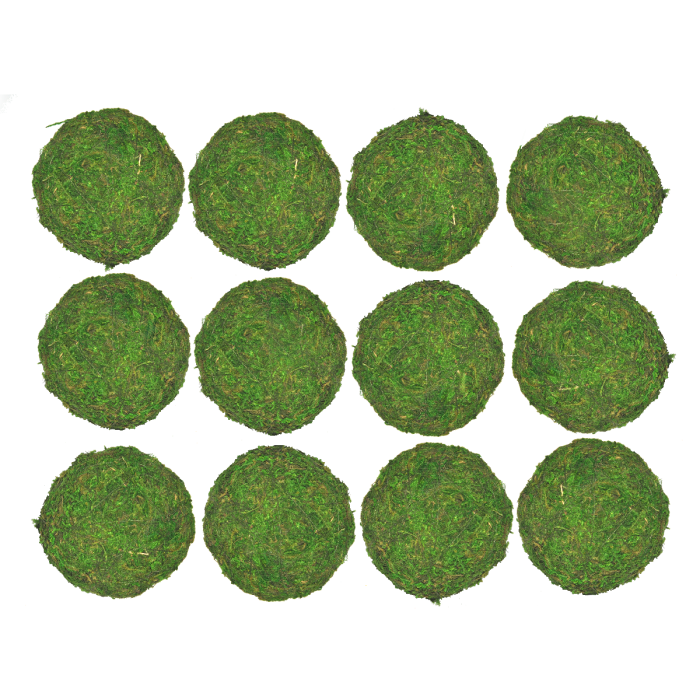 Zestaw 12 zielonych kul ozdobnych pokrytych mchem o średnicy 5 cm. Te naturalne artykuły dekoracyjne stanowią idealną bazę do własnych kompozycji florystycznych oraz stroików świątecznych.