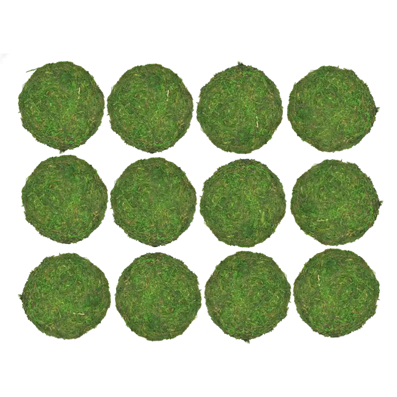 Zestaw 12 zielonych kul ozdobnych pokrytych mchem o średnicy 5 cm. Te naturalne artykuły dekoracyjne stanowią idealną bazę do własnych kompozycji florystycznych oraz stroików świątecznych.