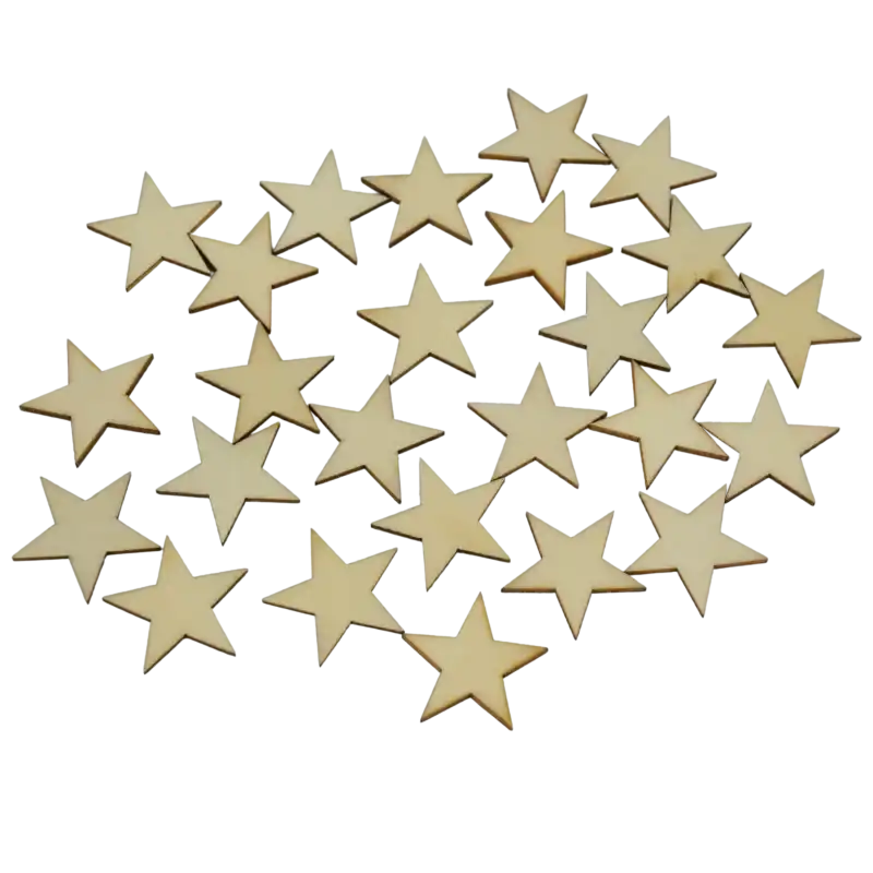 Zestaw 25 sztuk naturalnych drewnianych gwiazdek 3x3 cm. Idealne artykuły dekoracyjne do kreatywnych projektów, stroików świątecznych i ozdabiania prezentów w domu.
