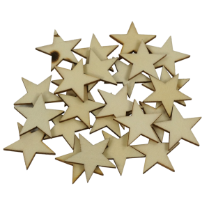 Kolekcja lekkich drewnianych gwiazdek o wymiarach 3x3 cm. Zestaw 25 sztuk naturalnych elementów do personalizacji dekoracji świątecznych i prac artystycznych.