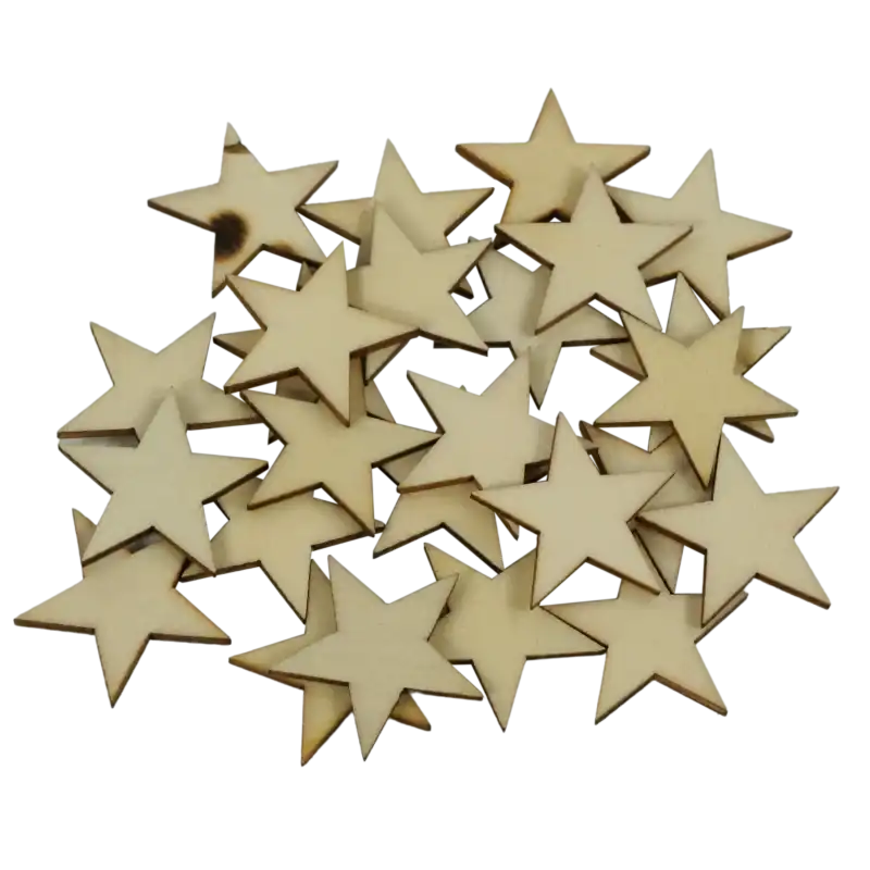 Kolekcja lekkich drewnianych gwiazdek o wymiarach 3x3 cm. Zestaw 25 sztuk naturalnych elementów do personalizacji dekoracji świątecznych i prac artystycznych.