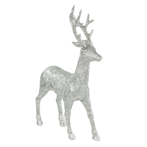 Stylowa figurka renifera o wysokości 35 cm w kolorze srebrnym, pokryta błyszczącym brokatem, idealna jako świąteczna ozdoba.