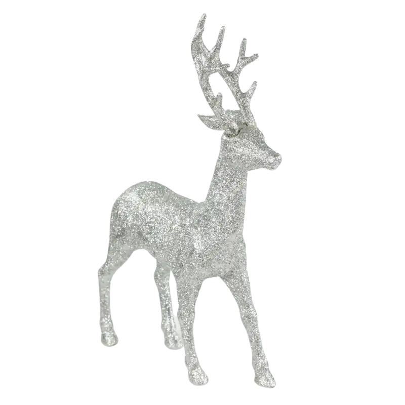 Stylowa figurka renifera o wysokości 35 cm w kolorze srebrnym, pokryta błyszczącym brokatem, idealna jako świąteczna ozdoba.