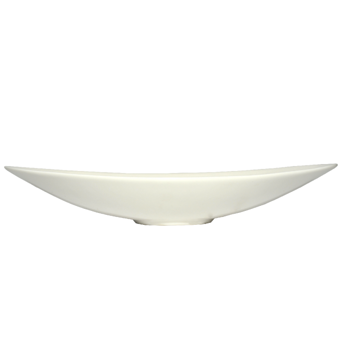 Widok z boku na białą paterę ceramiczną. Klasyczna forma patery o długości 40 cm, używana do kompozycji dekoracyjnych.