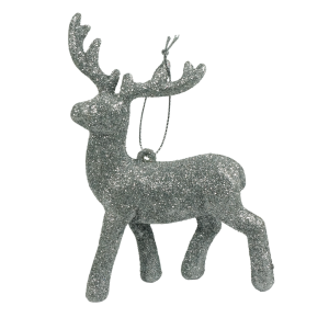 Srebrny renifer zawieszka 13 cm pokryty brokatem. Elegancka figurka z tworzywa, która pięknie odbija światło, idealna do bożonarodzeniowych dekoracji i stroików.