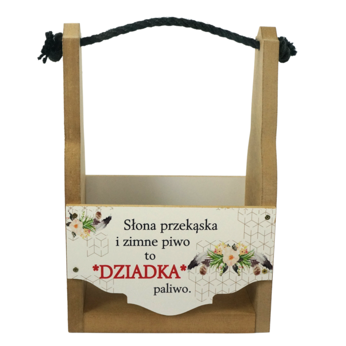 Drewniana skrzynka prezentowa na Dzień Dziadka o wysokości 32 cm z ozdobnym nadrukiem i wygodną rączką ze sznura.