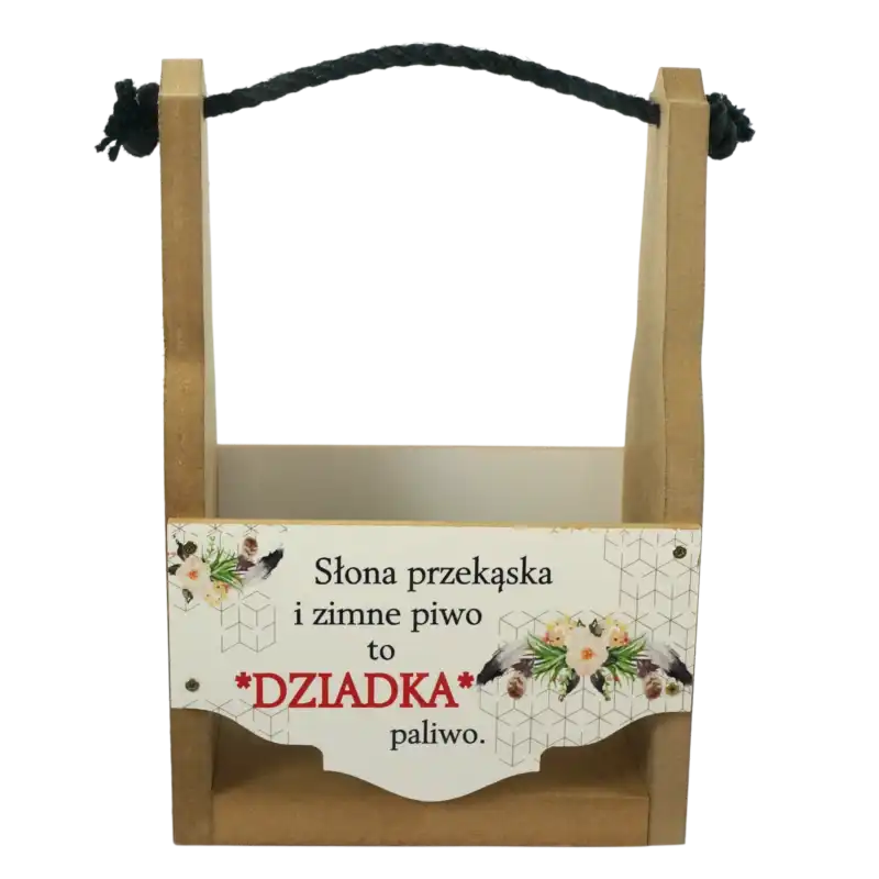 Drewniana skrzynka prezentowa na Dzień Dziadka o wysokości 32 cm z ozdobnym nadrukiem i wygodną rączką ze sznura.