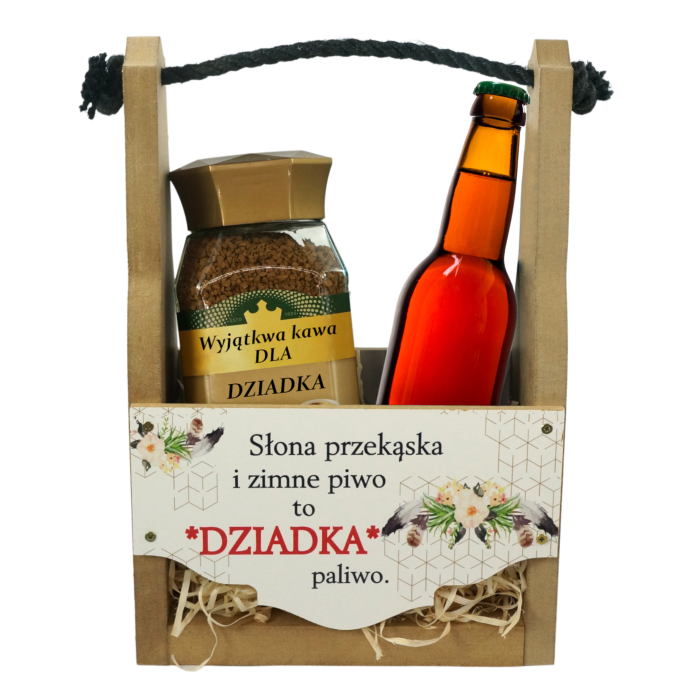 Naturalne nosidło na piwo o wysokości 32 cm z zabawnym napisem na Dzień Dziadka, z miejscem na trunek oraz kawę.