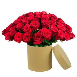 Okrągły flowerbox kraftowy o wysokości 12 cm wypełniony bukietem czerwonych róż z dołączoną zdejmowaną pokrywką.