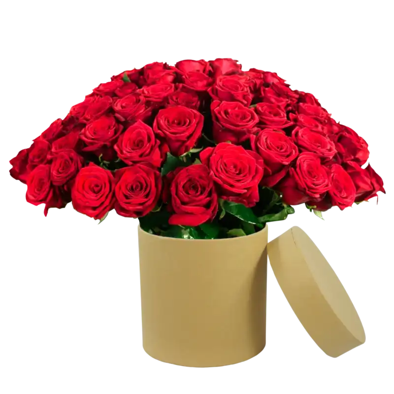 Okrągły flowerbox kraftowy o wysokości 12 cm wypełniony bukietem czerwonych róż z dołączoną zdejmowaną pokrywką.