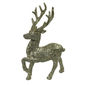 Szampański renifer z brokatem o wysokości 14 cm. Figurka z tworzywa o wymiarach 14x4x9 cm, idealna jako ozdoba świątecznych stroików.