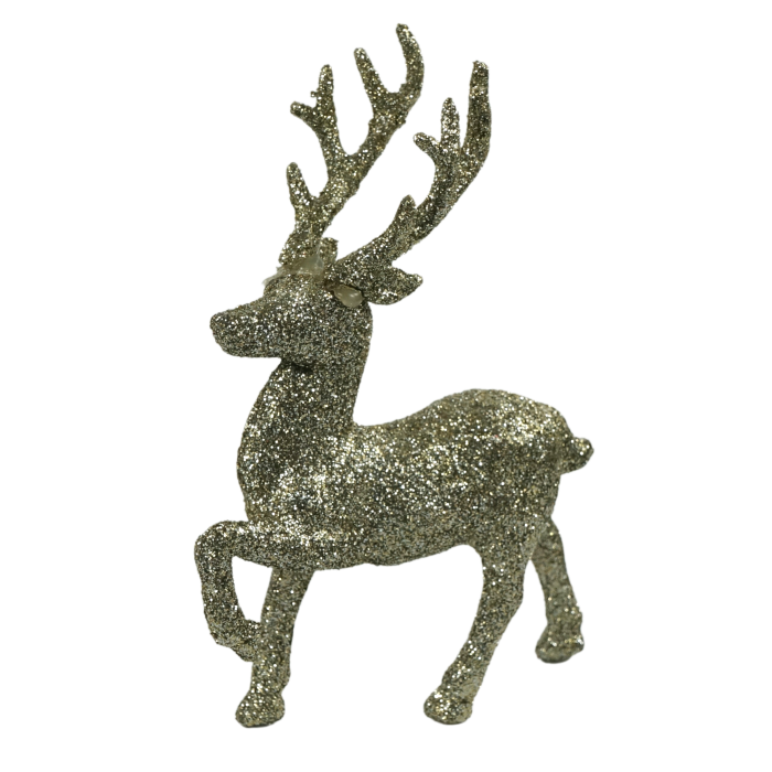 Szampański renifer z brokatem o wysokości 14 cm. Figurka z tworzywa o wymiarach 14x4x9 cm, idealna jako ozdoba świątecznych stroików.