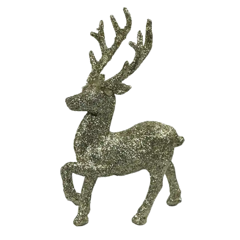 Szampański renifer z brokatem o wysokości 14 cm. Figurka z tworzywa o wymiarach 14x4x9 cm, idealna jako ozdoba świątecznych stroików.