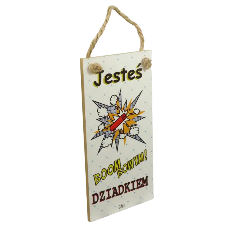 Prostokątna zawieszka z płyty MDF z jednostronnym nadrukiem, ukazana w ujęciu z boku pod kątem, prezentującym grubość dekoracji oraz jutowy sznurek.