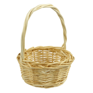 Naturalny kosz wiklinowy okrągły o wysokości 17 cm w rozmiarze S. Lekki i estetyczny koszyczek w słomkowym kolorze, idealny na wielkanocną święconkę lub drobne stroiki.