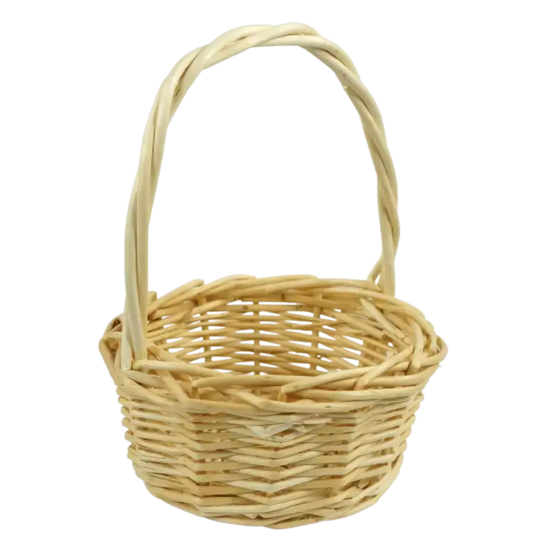 Naturalny kosz wiklinowy okrągły o wysokości 17 cm w rozmiarze S. Lekki i estetyczny koszyczek w słomkowym kolorze, idealny na wielkanocną święconkę lub drobne stroiki.