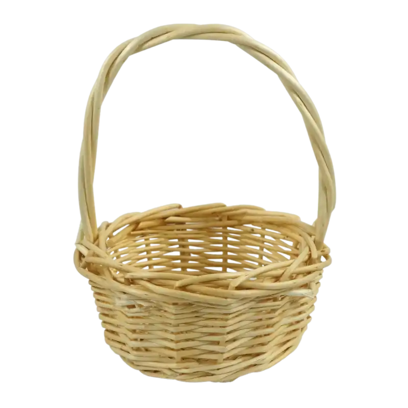Okrągły kosz z naturalnej wikliny o średnicy 13 cm. Niewielki, lekki model w słomkowym odcieniu, doskonały do przechowywania drobnych przedmiotów w domu.