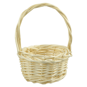 Okrągły koszyk wiklinowy w naturalnym odcieniu. Widoczna delikatna struktura plecionki oraz wygodna rączka. Wymiary wewnętrzne 10 cm średnicy.