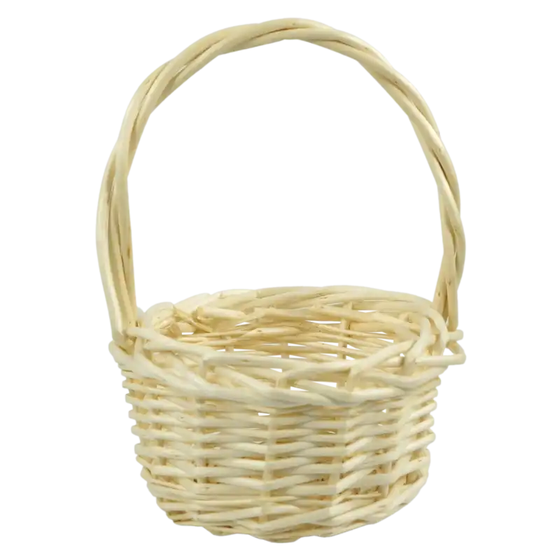 Okrągły koszyk wiklinowy w naturalnym odcieniu. Widoczna delikatna struktura plecionki oraz wygodna rączka. Wymiary wewnętrzne 10 cm średnicy.