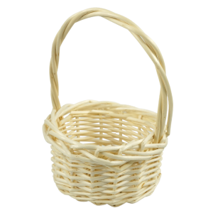 Prezentacja kosza wiklinowego 17 cm z profilu. Naturalna wiklina o słomkowym kolorze tworzy bazę dla dekoracji wielkanocnych i wiosennych stroików.