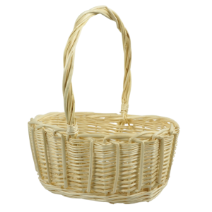 Widok na wnętrze naturalnego kosza wiklinowego o owalnym kształcie. Produkt w rozmiarze S, o wysokości 25 cm, prezentujący staranny splot słomkowych włókien.