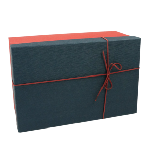 Pojedyncze, prostokątne pudełko z pokrywką, ozdobione czerwoną wstążką, widoczne pod kątem ukazującym jego głębokość.