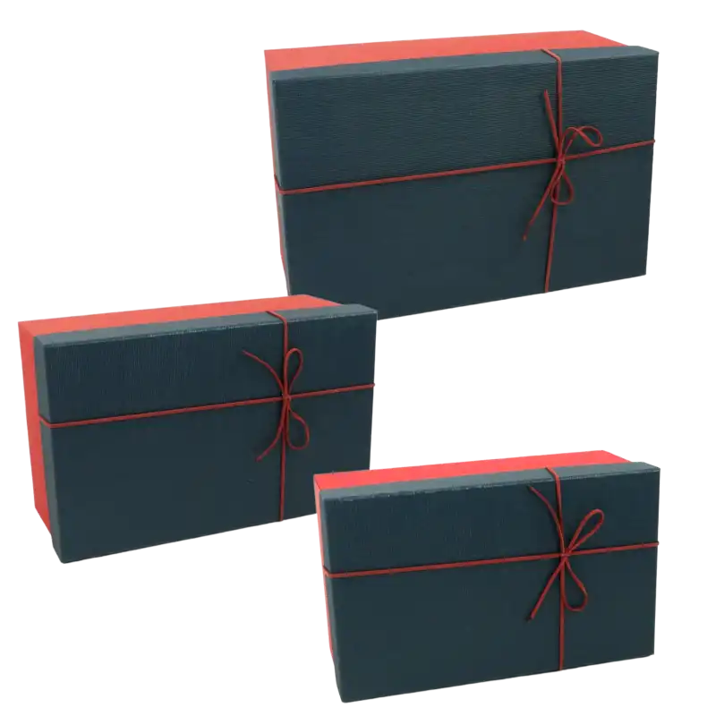 Zestaw trzech eleganckich flowerboxów z pokrywkami w rozmiarach 11, 13 i 15 cm. Pudełka w kolorze ciemnym z czerwoną wstążką.