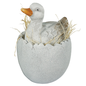 Kaczka ceramiczna 24 cm w doniczce z sianem. Figurka dekoracyjna w stylu wiosennym, doskonała do świątecznych aranżacji.