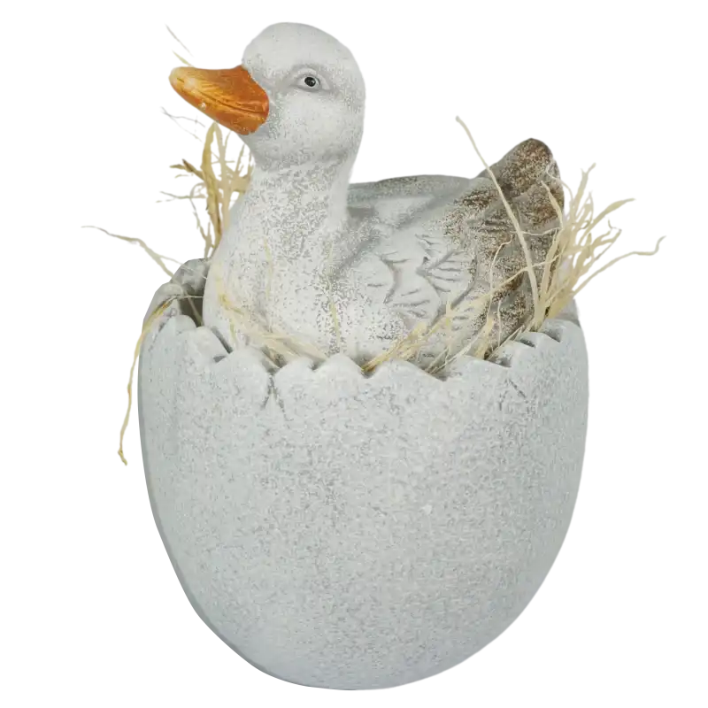Kaczka ceramiczna 24 cm w doniczce z sianem. Figurka dekoracyjna w stylu wiosennym, doskonała do świątecznych aranżacji.