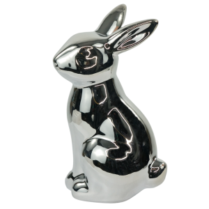 Figurka zająca ceramicznego w kolorze srebrnym, ujęcie z boku. Minimalistyczna forma dekoracji świątecznej.