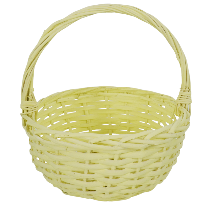 Okrągły żółty kosz wiklinowy o wysokości 27 cm z praktyczną rączką. Uniwersalny koszyk na święconkę lub dekoracje.